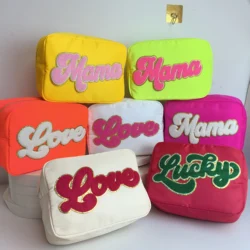 Monogram Patch Handbag Waterproof Nylon Travel Cosmetic Pouch Bag for Girl Women Make Up Storage Bag Squiggles Letter Patches