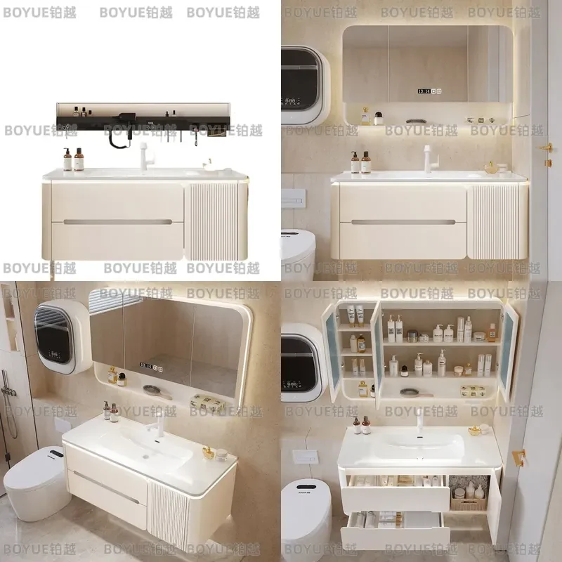 Cream Oak Bathroom Vanity with Ceramic Integrated Basin Simple Washstand Cabinet Modern Feng Shui Sink Unit for Home Decor