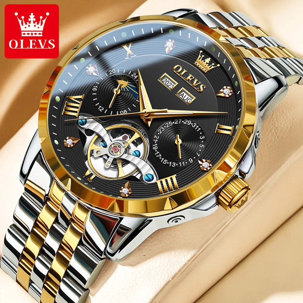 OLEVS Skeleton Multifunctional Men's Watch Automatic Mechanical Luxury Wrist Watch For Men Waterproof Stainless Steel Strap 6691