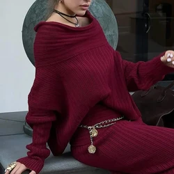 Sexy One Shoulder Knitted Tops&Bodycon Skirts Party Suit Elegant Solid Winter Long Sleeve Sweater Outfits Women 2Pcs Slim Set