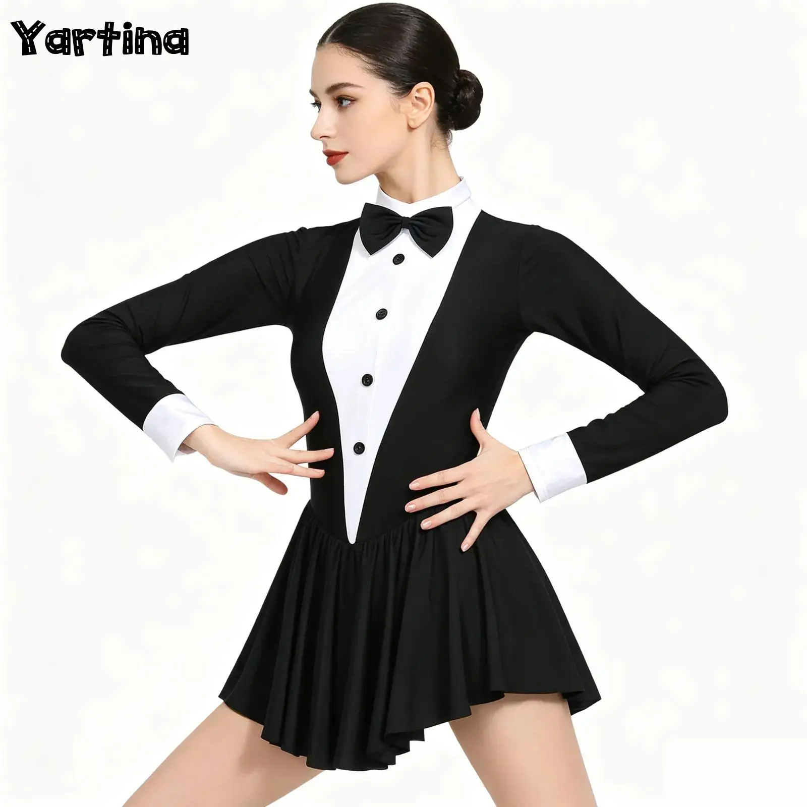 

Womens Magician Leotard Adult Tuxedo Outfit Figure Skating Magician Waitress Cosplay Party Costume Long Sleeve Ballet Tights