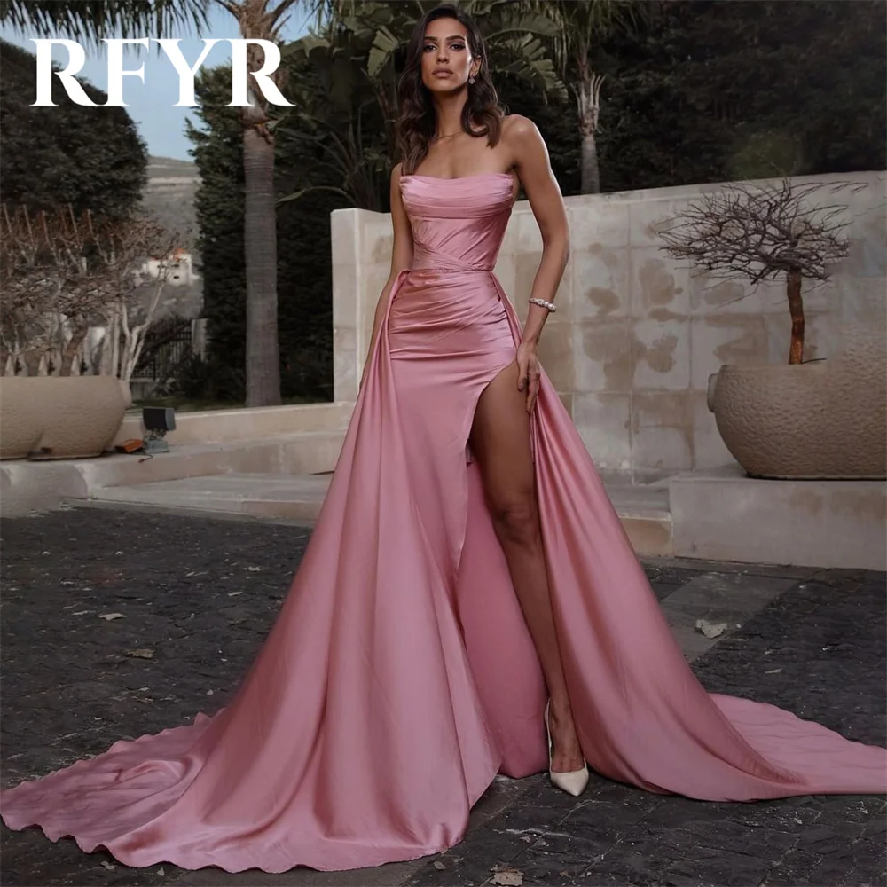 

RFYR Pink Prom Dresses Strapless A-Line Evening Dresses Pleats Satin Party Dress with Side Split Floor-length Vestidos De Noche