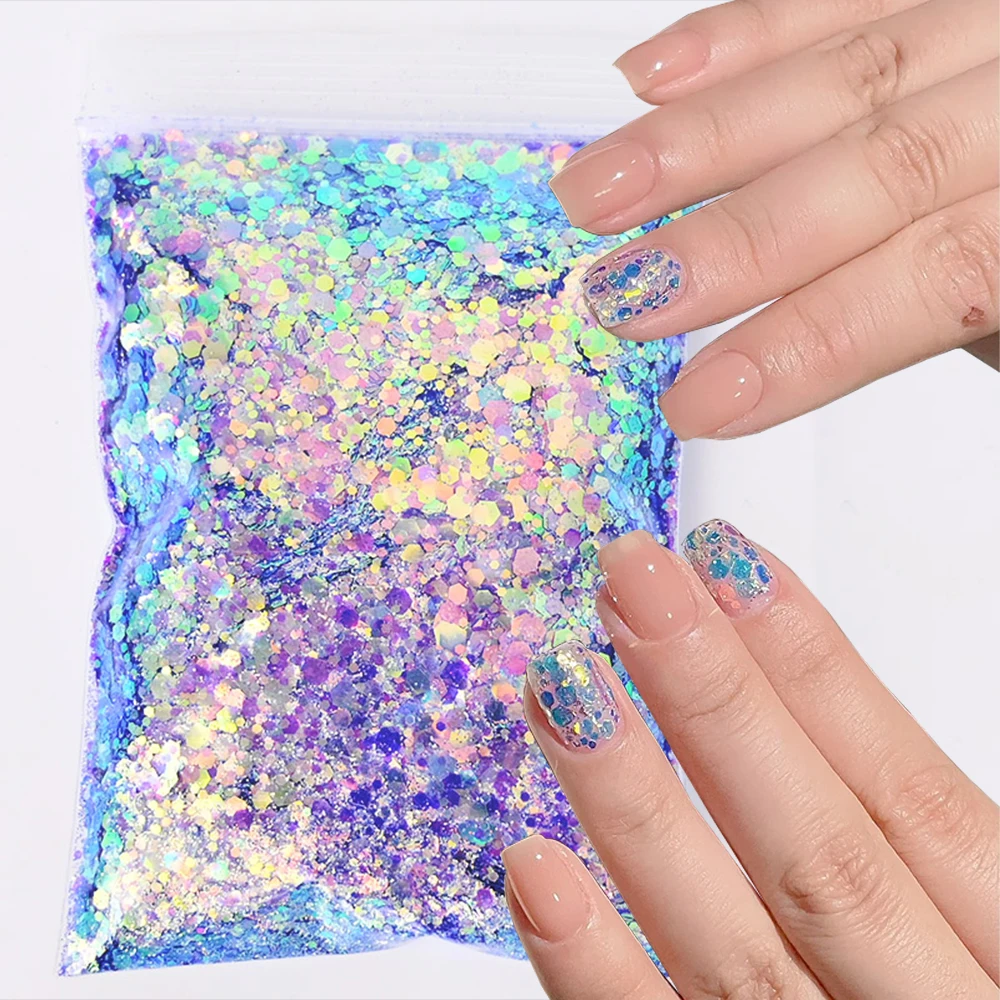 50g luzem Aurora niebieskie płatki brokatowe do paznokci 3D ultracienkie cekiny gradientowe mieszane rozmiary syrenka sześciokątna błyskotka dla DIY Manicure i *