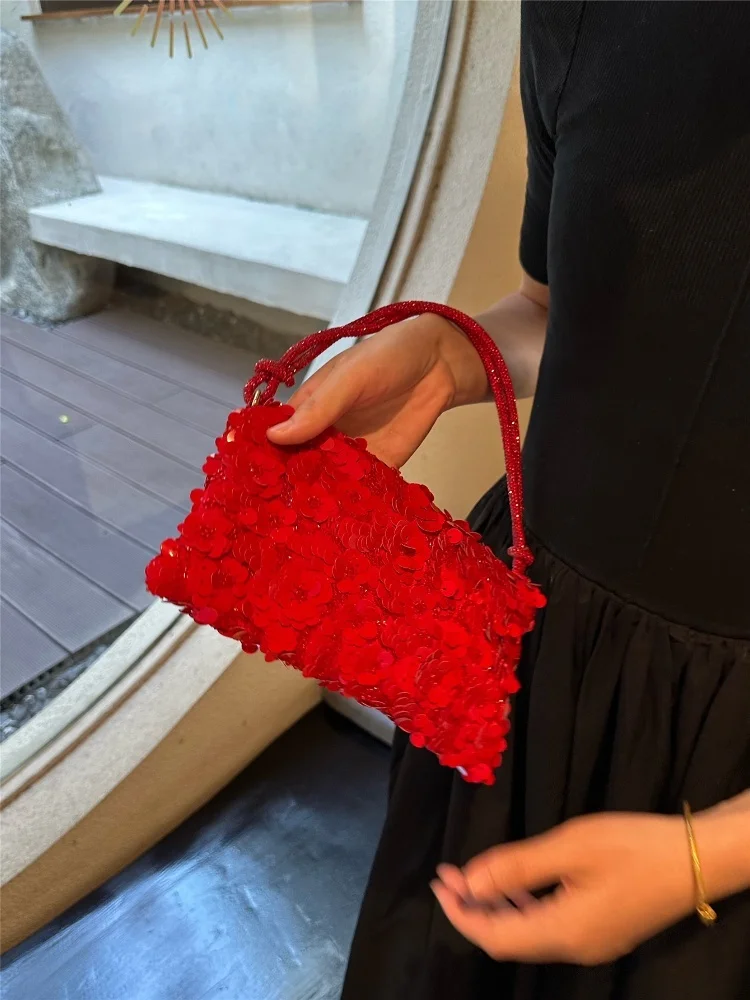 2025 New Luxury Designer Mini Shining Sequins Shoulder Bags for Women Fashion Red Flowers Sequins Handbag Versatile Party Purses