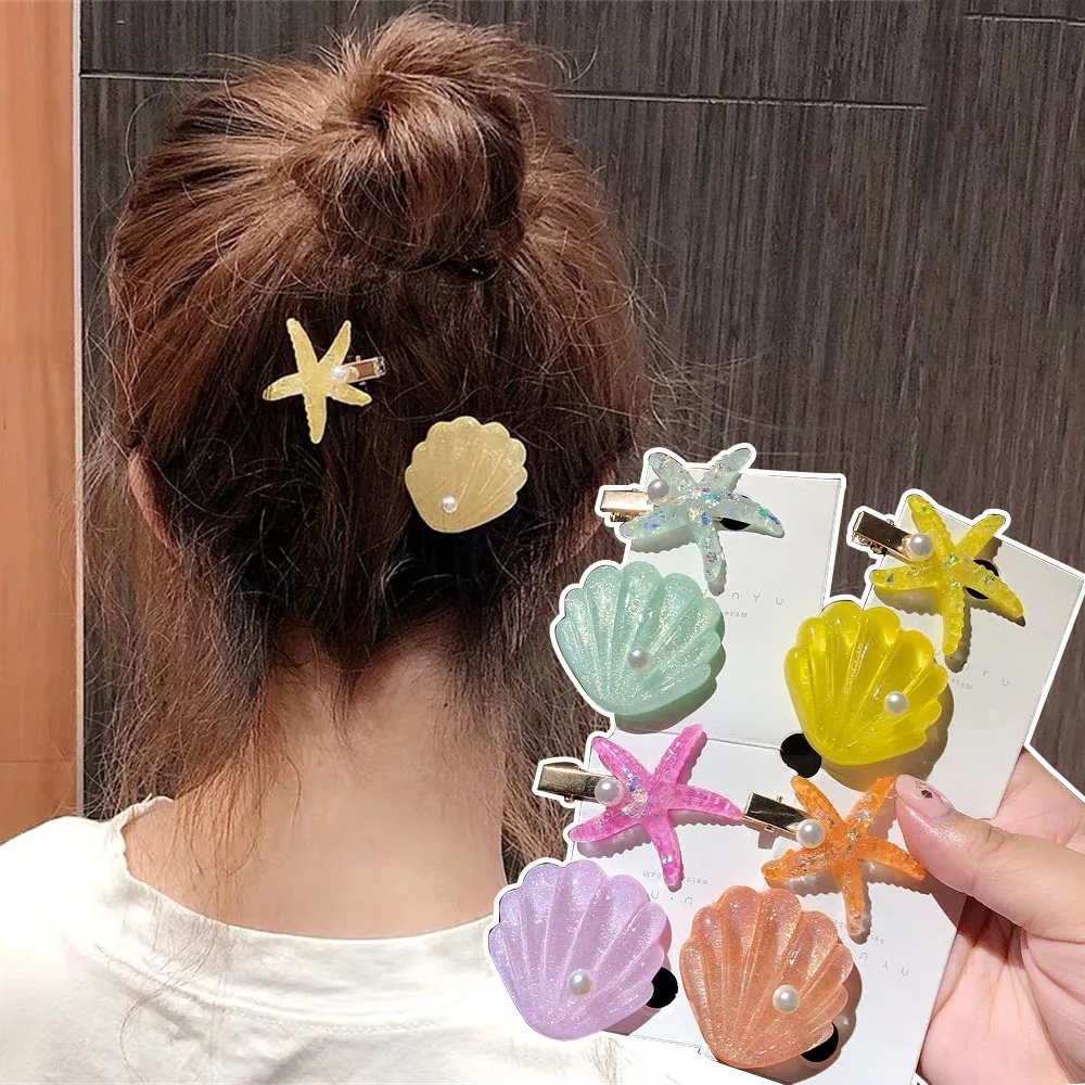 Creative Simulation Starfish Shell Hairpin Cute Pearl Acrylic Hair Clip For Women Bang Sides Barrettes Hair Accessories Gifts