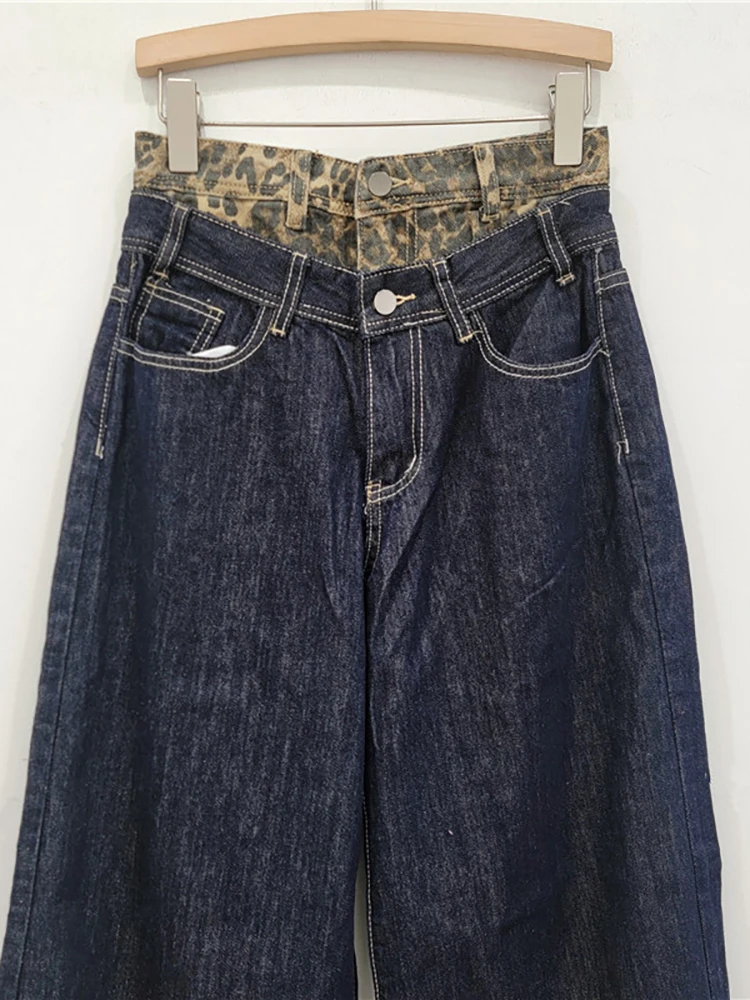 Deat Vrouwen Denim Broek Nep 2 Stuks Wijde Pijpen Dubbele Taille Patchwork Luipaard Bedrukt Rechte Jeans 2024 Herfst Nieuwe Mode 33a1770