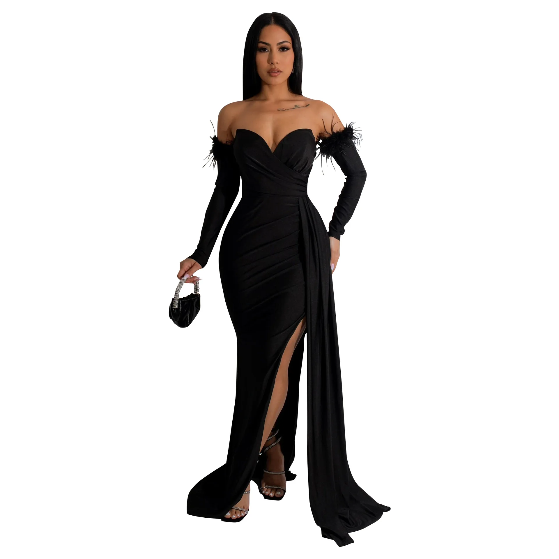 AL261 Women's Split Forked Large Long Dress Feather Sleeve Evening Dress Spring