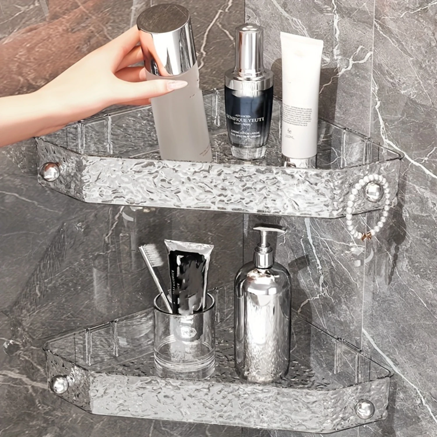 

Waterproof Glacier Pattern Bathroom Corner Shelf - No Drill, Wall-Mounted Shower Rack