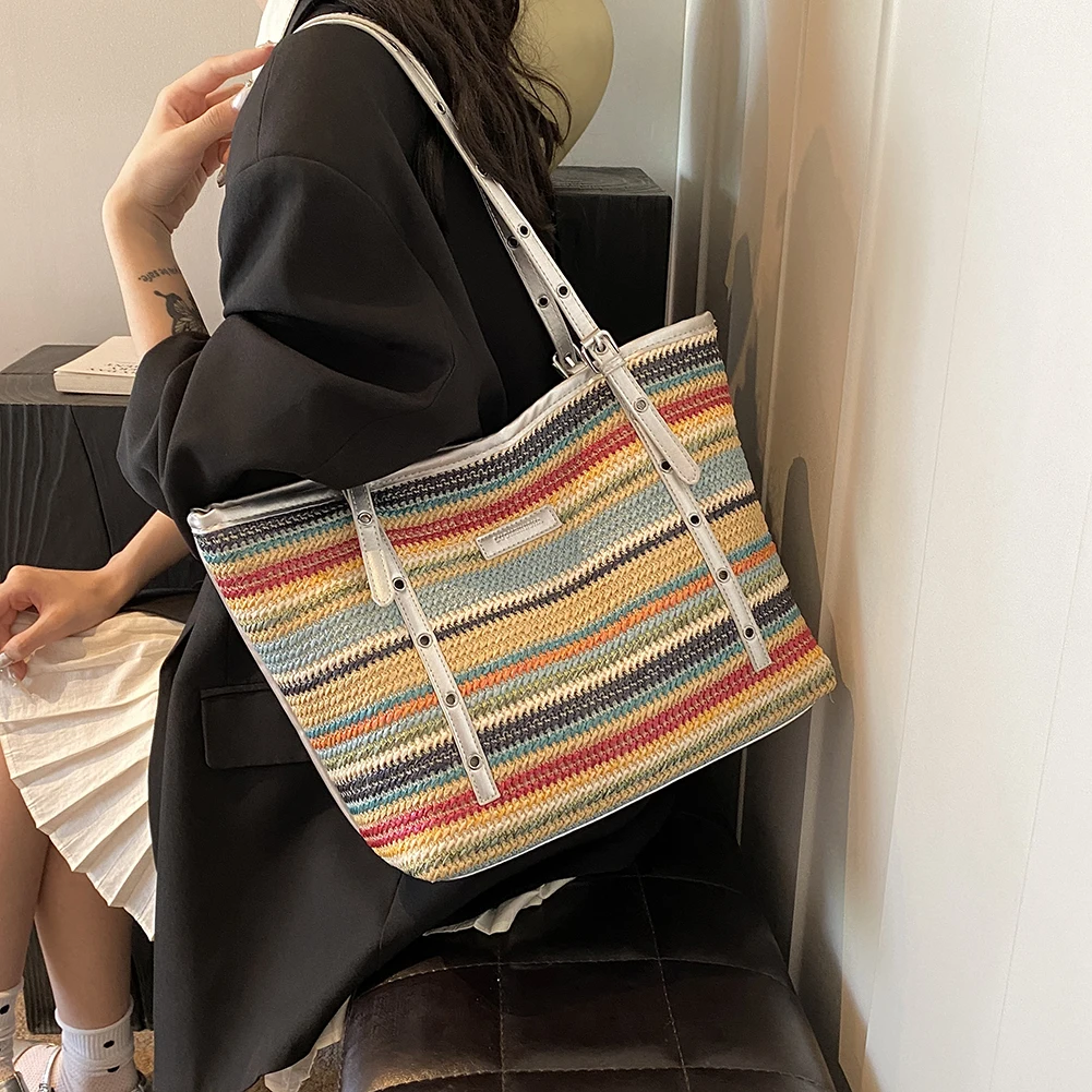 المرأة اللون القش حقيبة يد سعة كبيرة النسيج حقيبة سفر المرقعة الحد الأدنى حمل حقيبة السيدات الصيف اليومية حقيبة