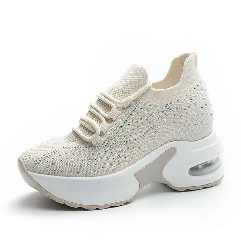 

8 см летние сетчатые вулканизированные массивные кроссовки из микрофибры на шнуровке, женская обувь, весенняя модная кожаная обувь на плоской подошве на танкетке