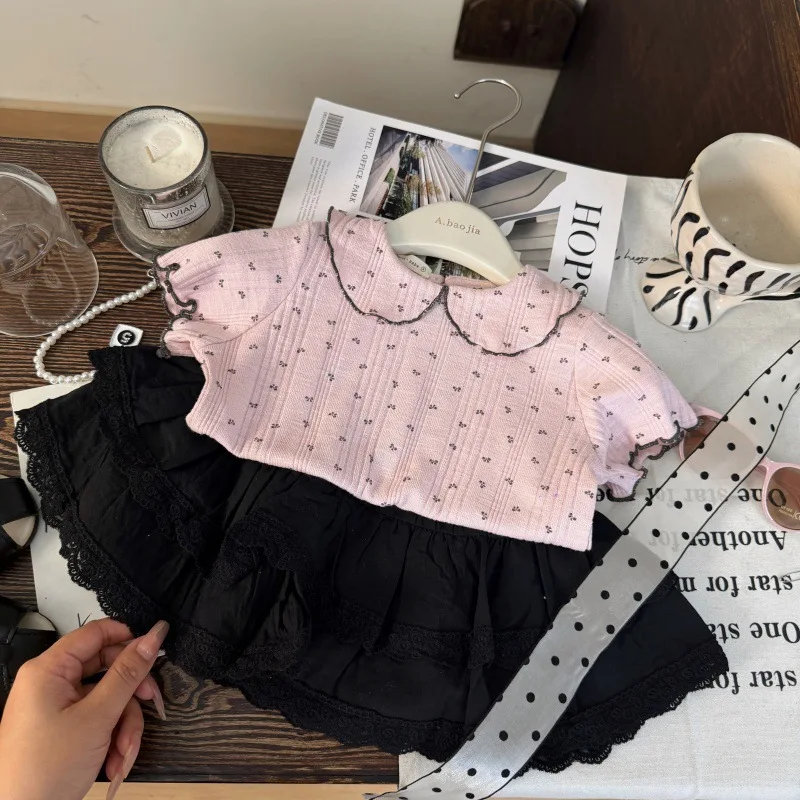 

Two-piece Set Children's Clothing 2026 New Summer Girl Doll Collar Floral Short Sleeved T-shirt Lace Cake Skirt