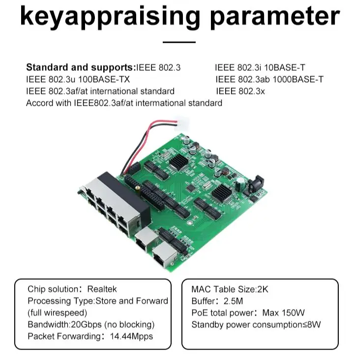 Commutateur Ethernet pour caméra IP, 10 ports Gigabit, non géré, 1000Mbps, 8 PoE + 2 liaisons ascendantes IEEESterilial, 3PG/at, 150W