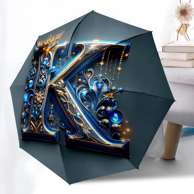 Blue K-T Letters Theme Folding Umbrella - Fashionable Auto-Open Design 8 Iron Ribs Plastic Handle Foldable Sunshade，Perfect Gift