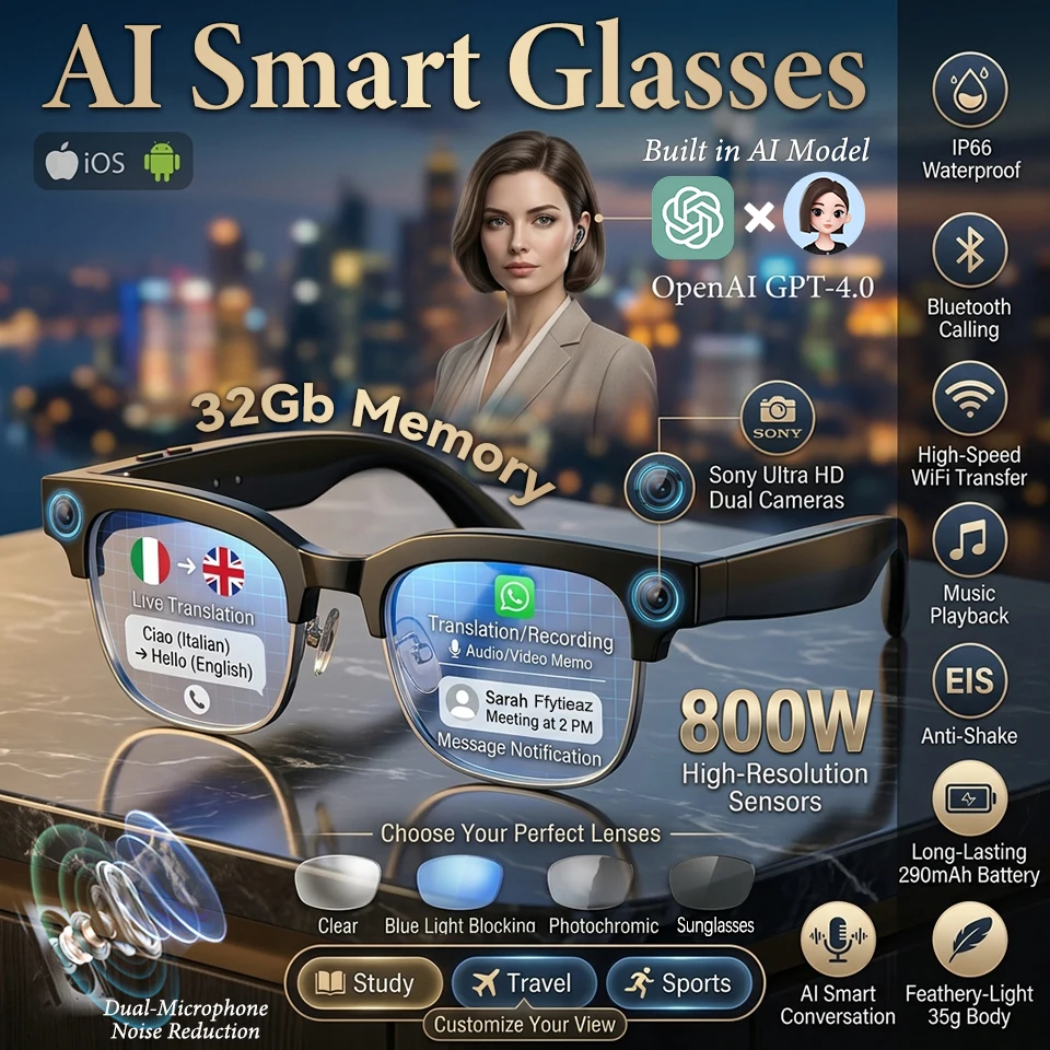 

2026 AI Smart Glasses 800W HD Camera Chat GPT 32Gb Memory Languages Translation Bluetooth Call 3D Music Playback Smart Glasses