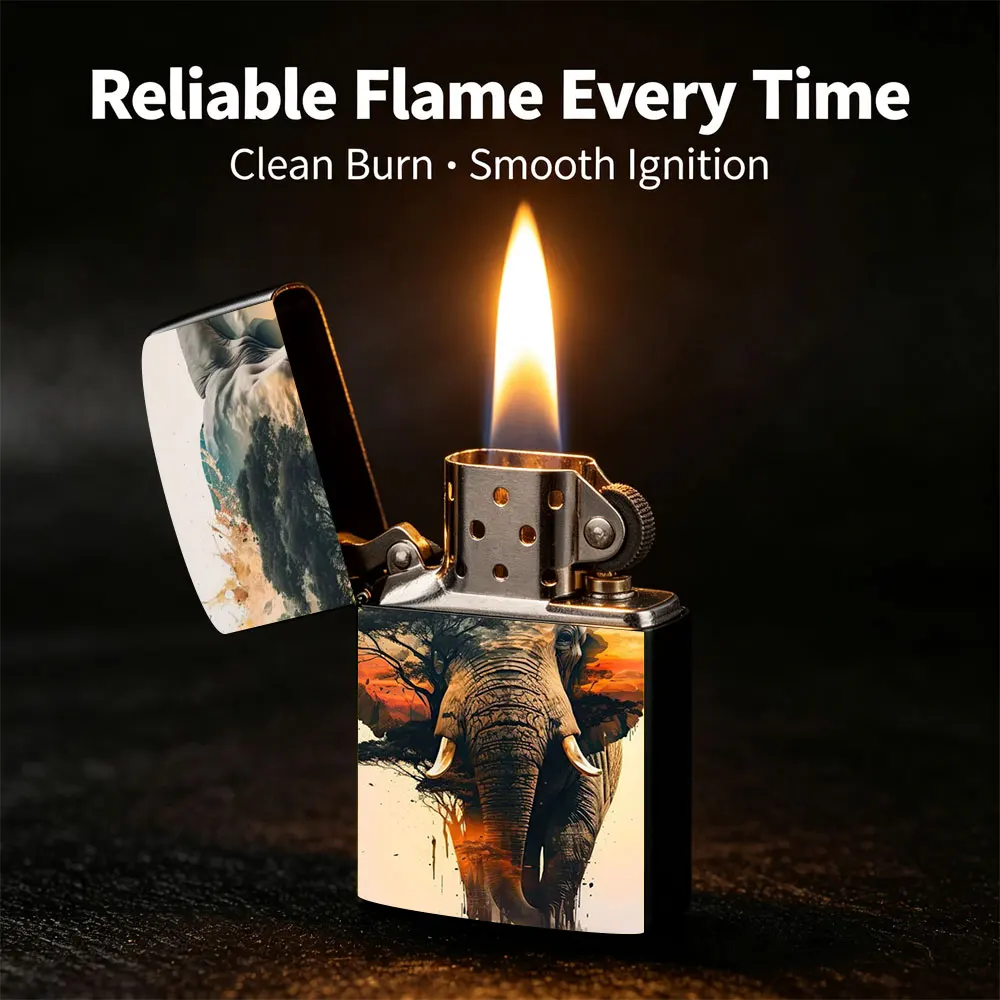 Pocket Lighter, Flip-Top Windproof Design, Metal Case, Elephant with Tree and Sunset Print, Comfortable Grip, Portable & Durable