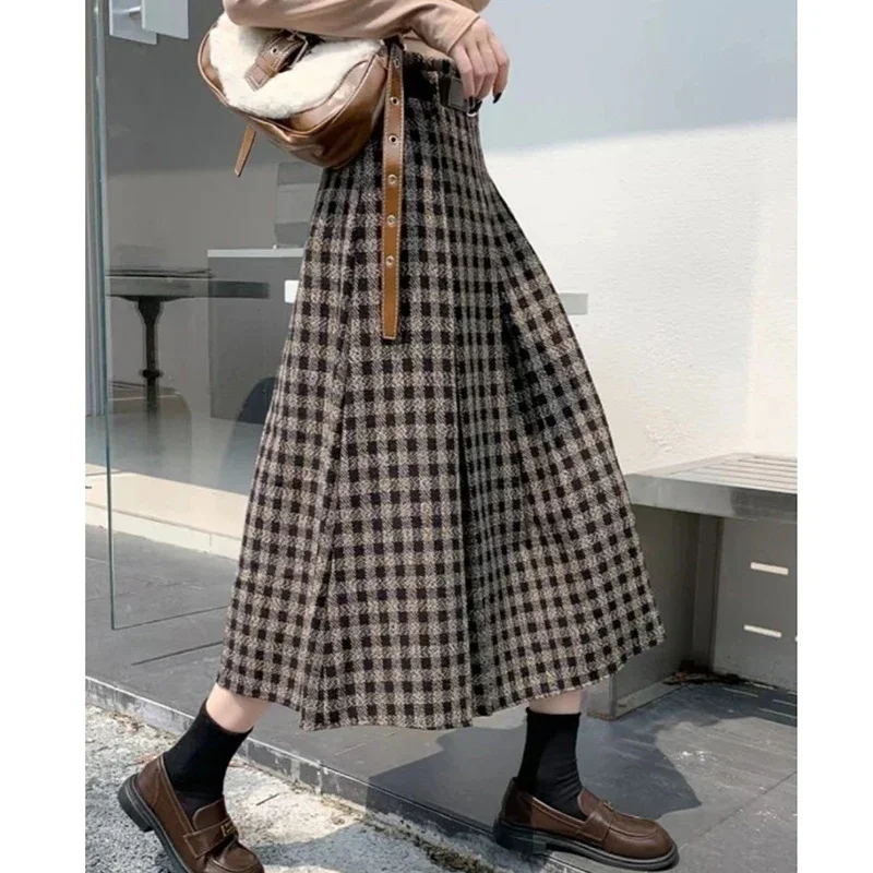 Vintage Faux Woolen Belt Skirts Women Fall Winter High Waist Loose Plaid Midi Skirt Retro Office Lady All Match A Line Skirt New