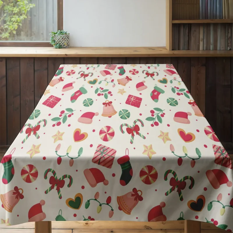 Multicolored Christmas Party Tablecloth with Cute Cartoon Print Perfect for Holiday Celebrations