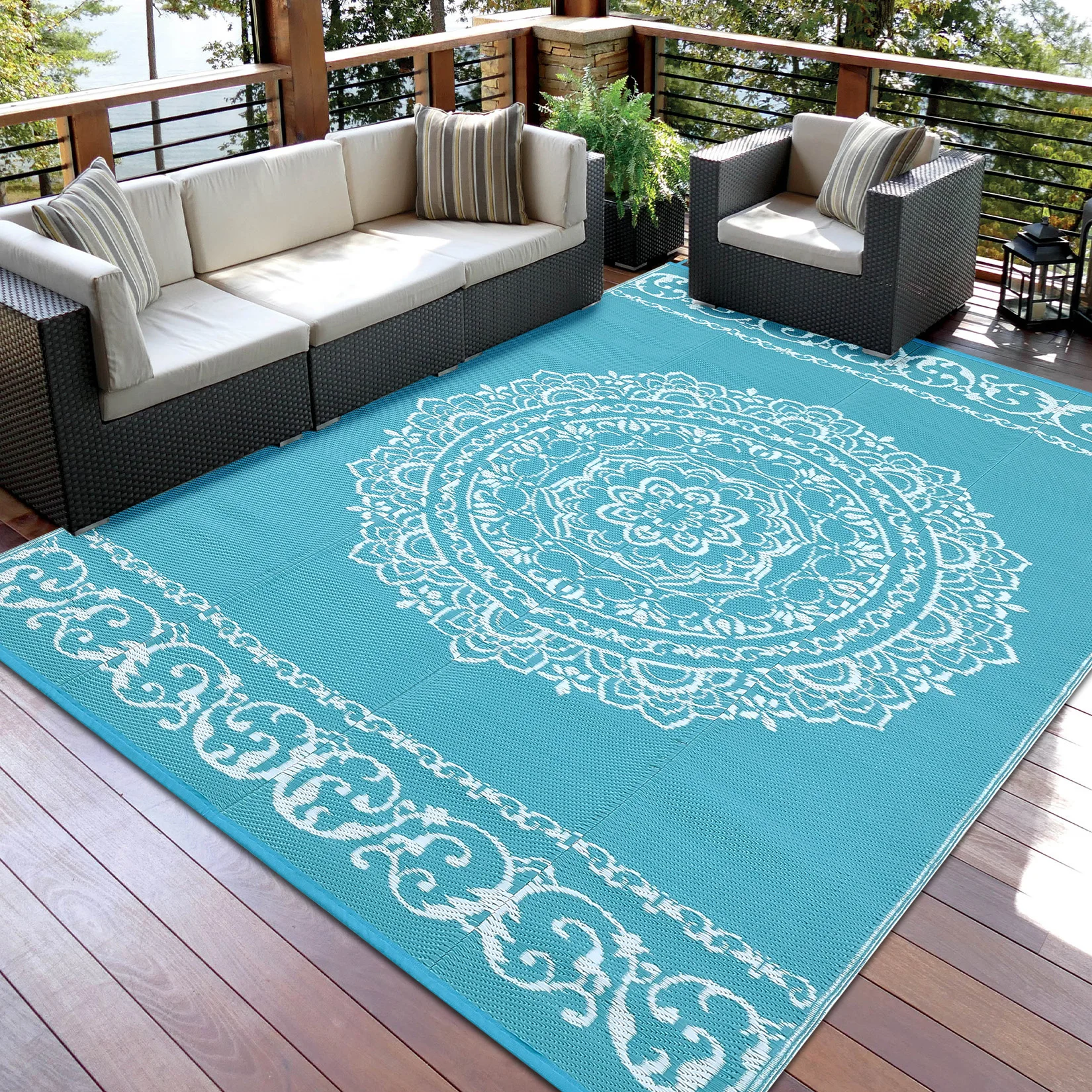 

Outdoor Rug 5x8 Reversible Plastic Straw Patio Rug for Camping Stain & UV Resistant RV Mats Boho Print Outdoor Carpet for Porch