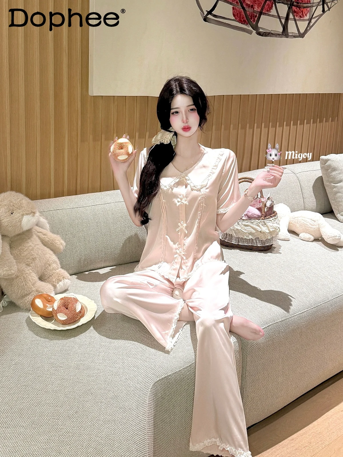 Sweet Girl Doll Collar Ice Silk Short-sleeved Pajamas Three-piece Summer Long-sleeved Casual Loose and Cool Loungewear Set