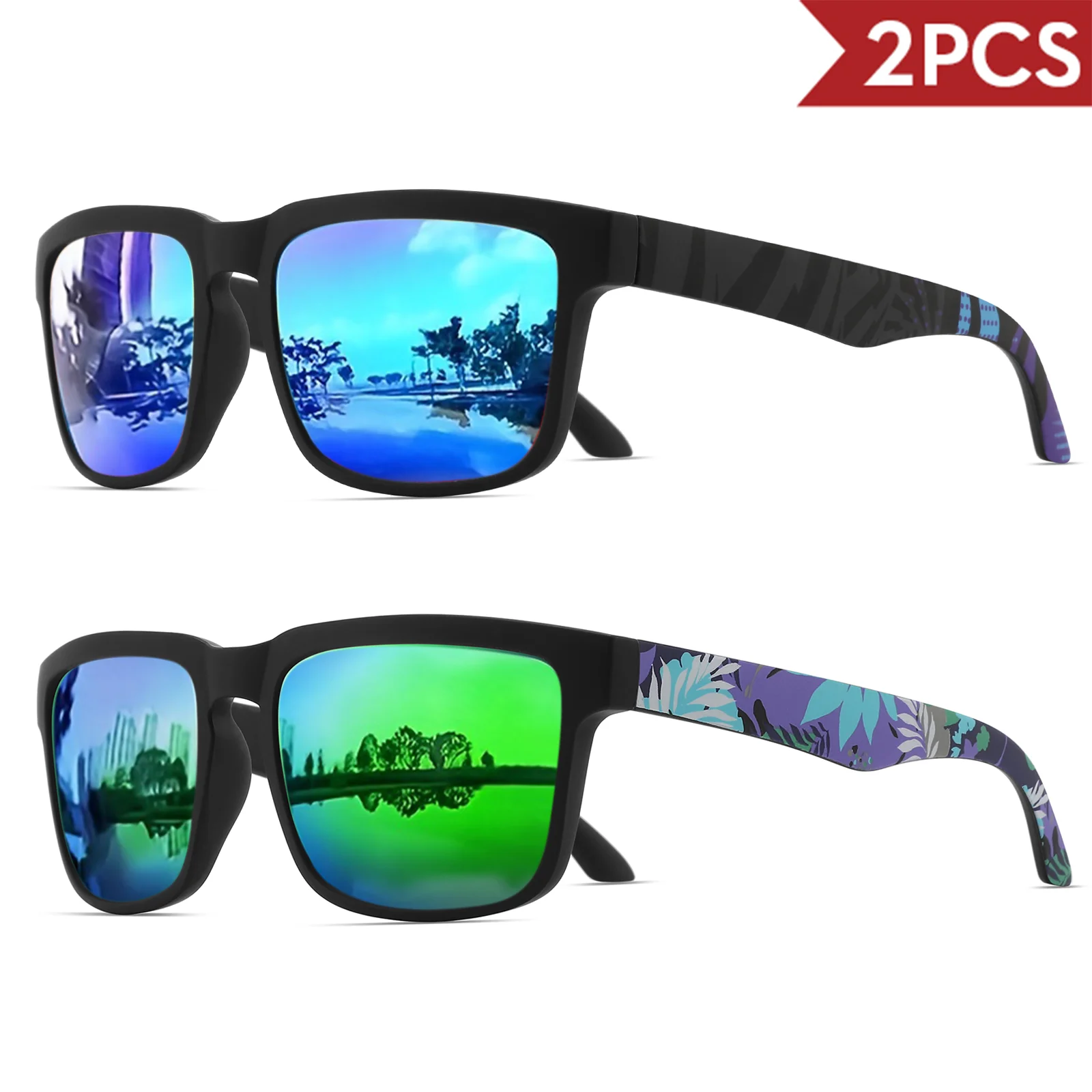 2 quadratische Sport-Sonnenbrille mit Designer-Tempelmuster – UV400 für Männer und Frauen, Strandurlaub