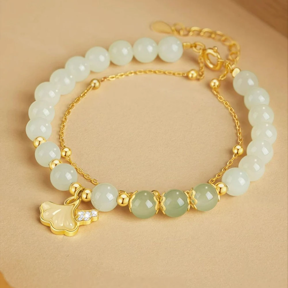 

Hotan Jade Gingko Pendant Double layer Bracelet Girls' High level Light Luxury High-End Creative Jewelry Gift Pearl Hand String