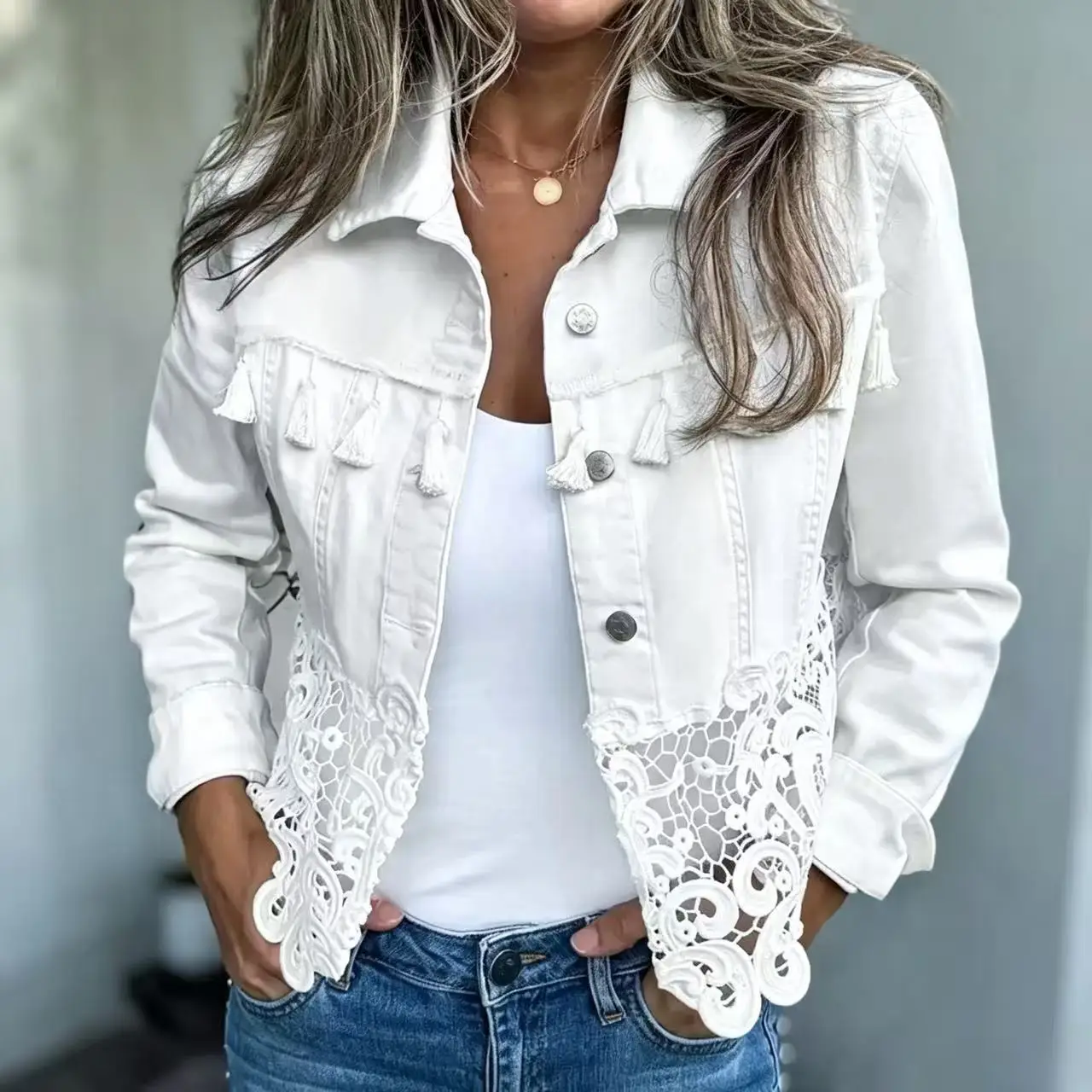 Women Autumn Spring Denim Lace Jackets Long Sleeve Single Breasted Jean Outerwear Coats
