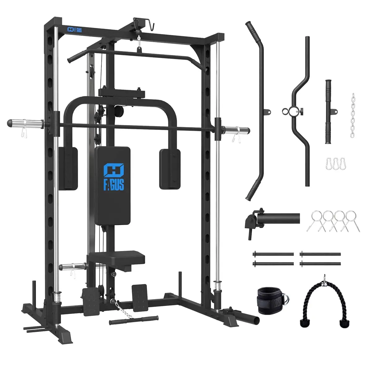 FAGUS Smith Machine Home Gym Power Cage with Pulley System, Space Saving Design Squat Rack with Full Body Strength