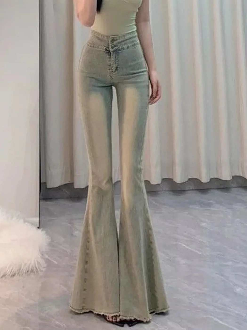Retro Faded Light Blue Fish Tail Flared Denim Jeans Women's High Waist Slim Double Buckle Frayed  Hoof Long Pants