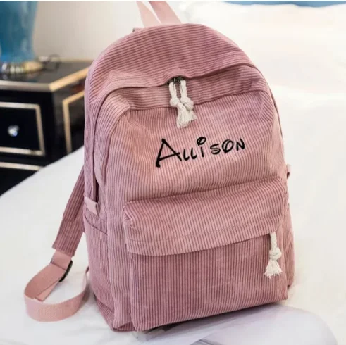 Embroidery Name Large Capacity Corduroy College Style High School Students Backpack Casual All-Matching Bag Flannel Cloth