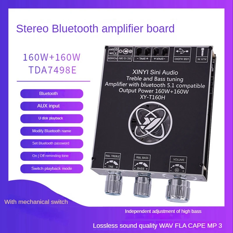 

XY-T160H Bluetooth 5,0 панель усилителя сабвуфера, 2,0 каналов, высокая мощность, аудио стерео TDA7498E, Плата усилителя 160 Вт + 160 Вт