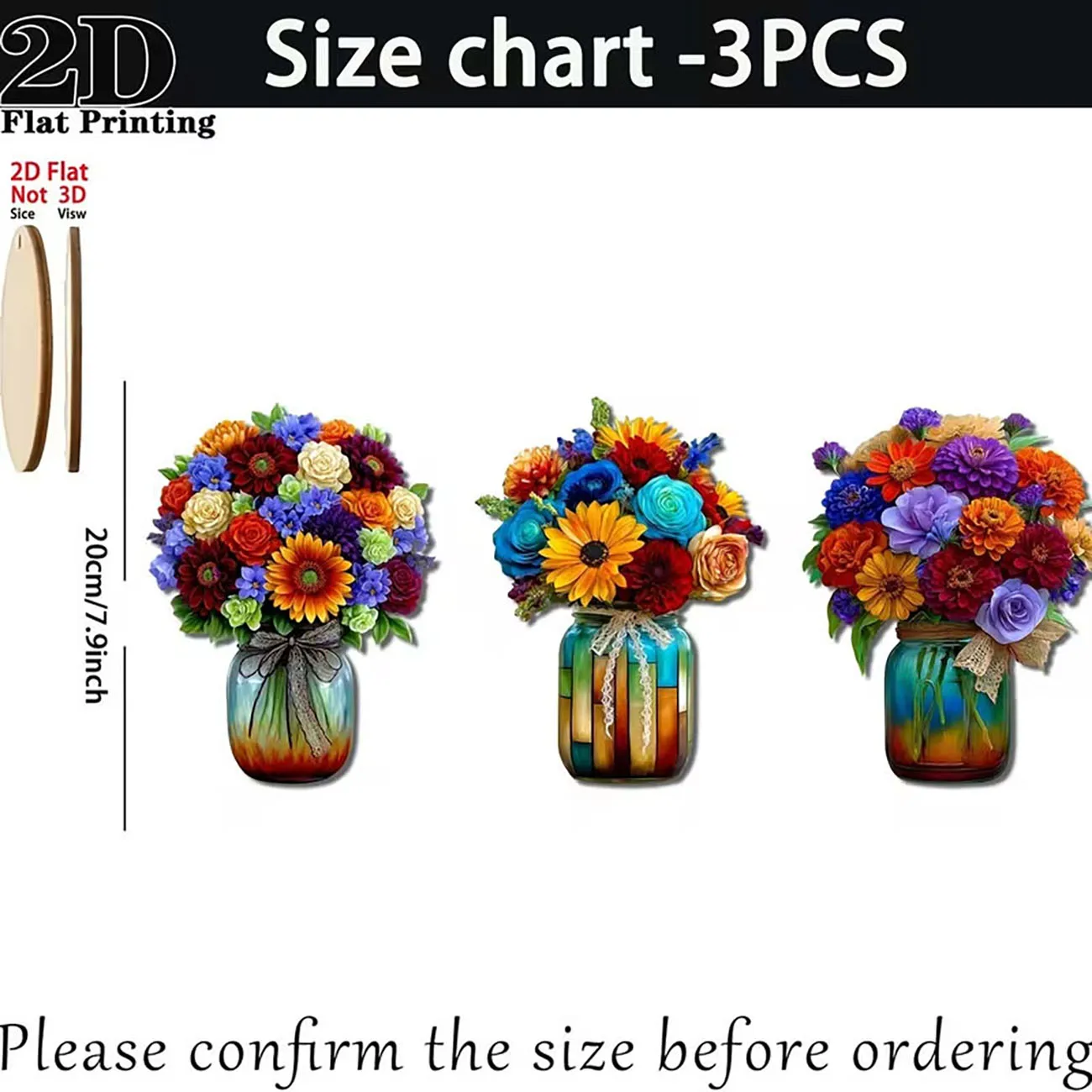 3 Pcs 2D Flat Wooden Vase Flower Wall Decor Colorful Bouquet Mason Jar Wall Art With Nano Tape No Drilling Home Wall