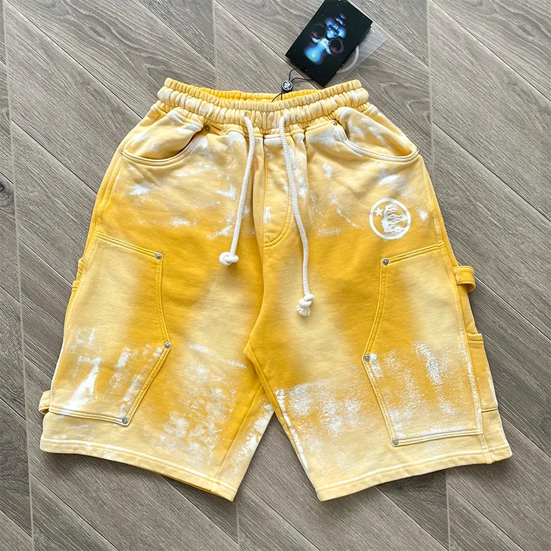 Hellstar Unisex Cotton Snap Knee-Length Shorts, Casual Sports Five-Point Shorts With Snap Button Design For Street Daily Wear