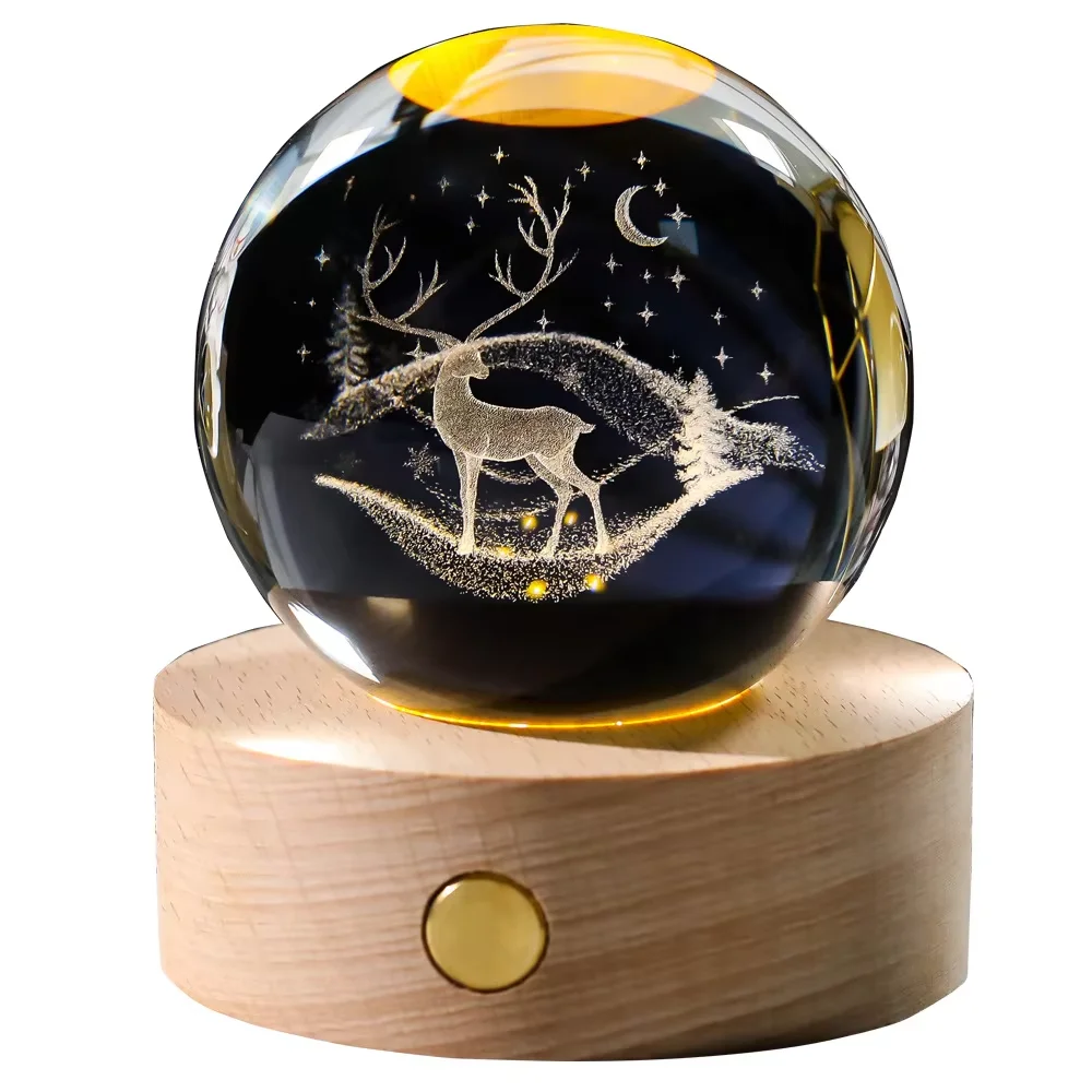 قاعدة خشبية مضيئة 6 سم؛ كرة كريستال منحوتة ثلاثية الأبعاد؛ زخرفة إبداعية على شكل نجمة ليلية؛ للطلاب
