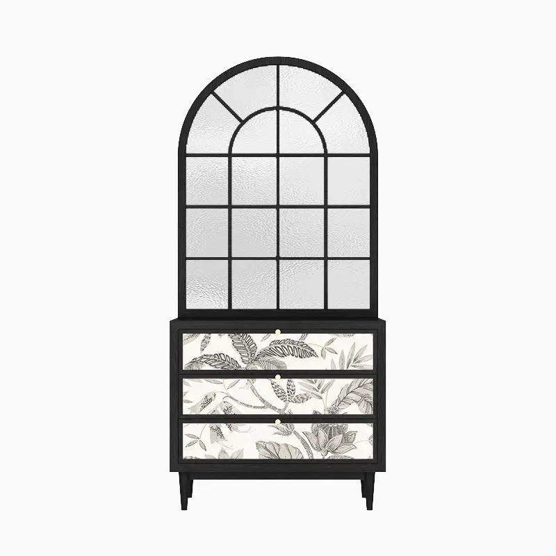 

French retro water pattern glass solid wood screen door shoe cabinet partition living room bathroom household porch cover