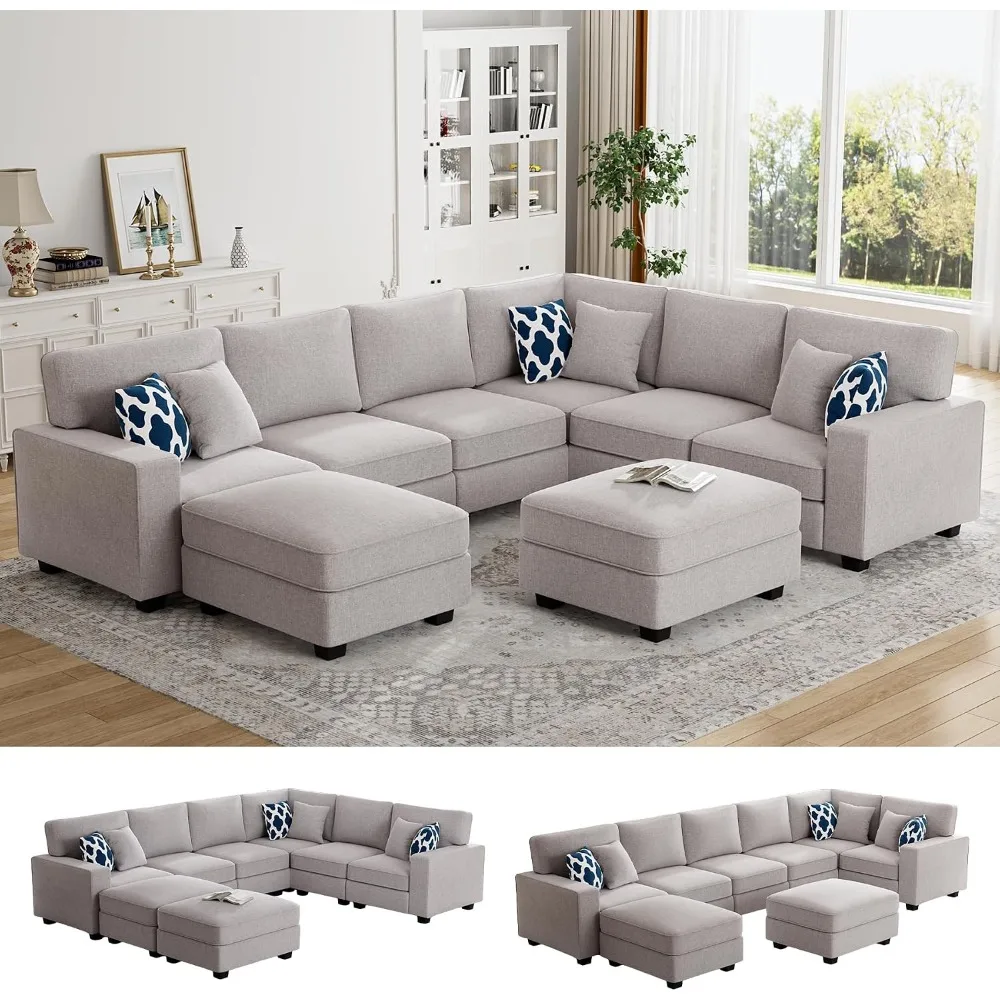 U/L-Shaped Reversible Modular Sectional Sofa with Ottoman, 8-Seater, Deep Seat, Plush Polyester for Living Room, Light Grey