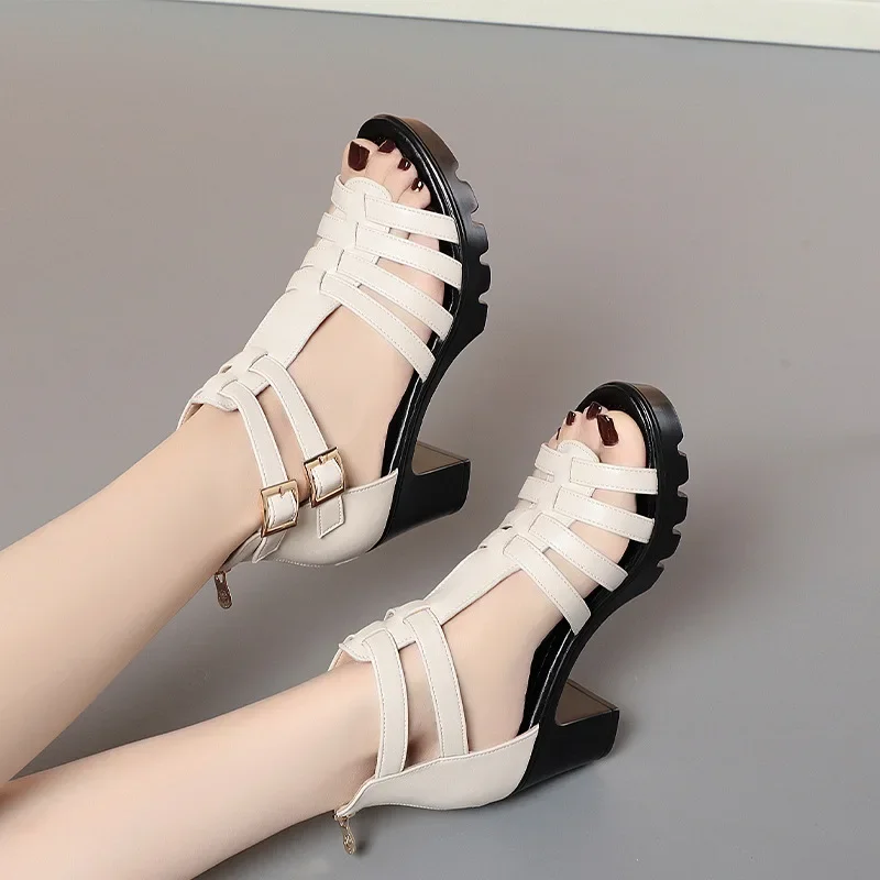 6cm Fashion Elegant Black Block High Heels Gladiator Sandals Summer 2024 Women\'s Soft Leather Shoes Platform Sandals Office Mom