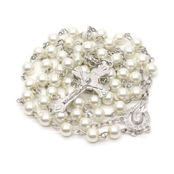 White Acrylic Pearl Long Catholic Necklace Cross Pendant Rosary Necklace Religious Jewelry Gifts for Women Men