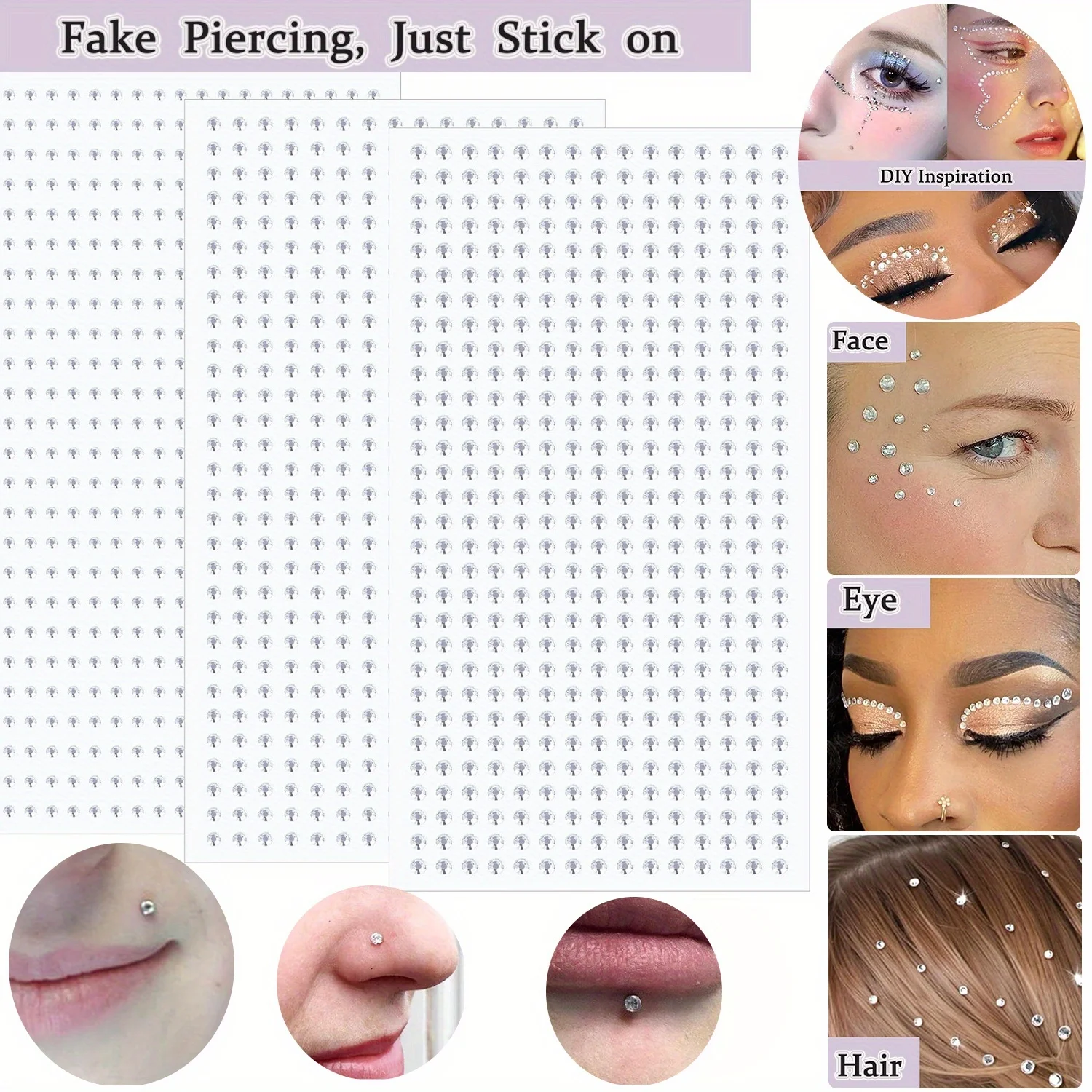 Non-Piercing Elegant Fake Nose Studs - 1350pcs Boho Chic Stick-On Cubic Zirconia, 2mm/2.5mm/3mm Sizes Available for Face & Eye