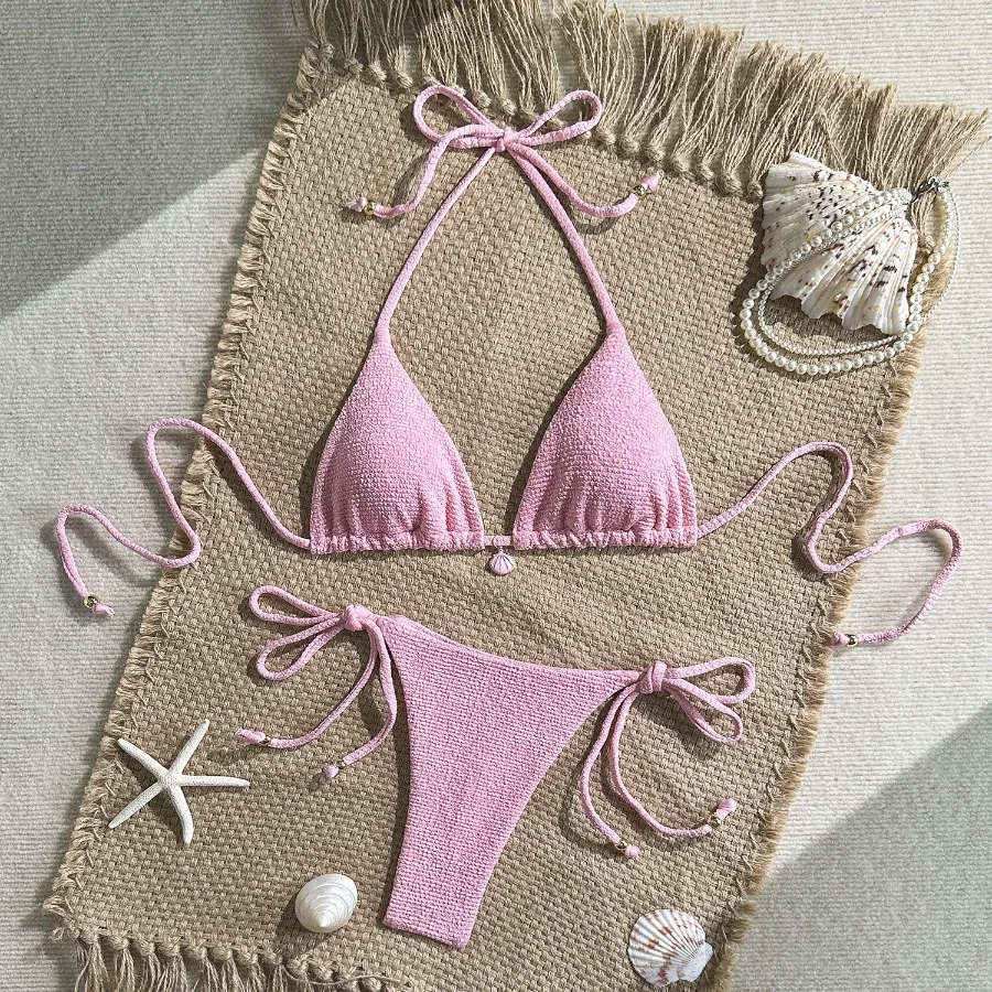 

2026 Women's Solid Color Two Piece Bikini Set Thong Swimsuit Sexy Summer Swimwear Trendy Micro Bikini Hot Swimwear String Bikini