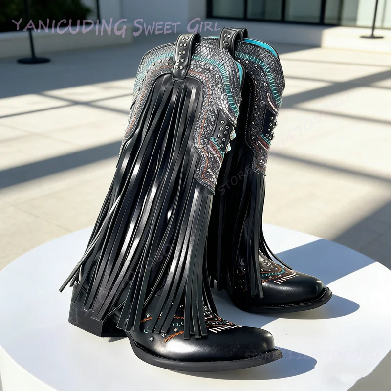 

Western Cowboy Black Fringed Leather Overstitched Knee Boots Women Cool Outdoor Chunky Heel Totem Beaded Pointed Toe Casual Shoe