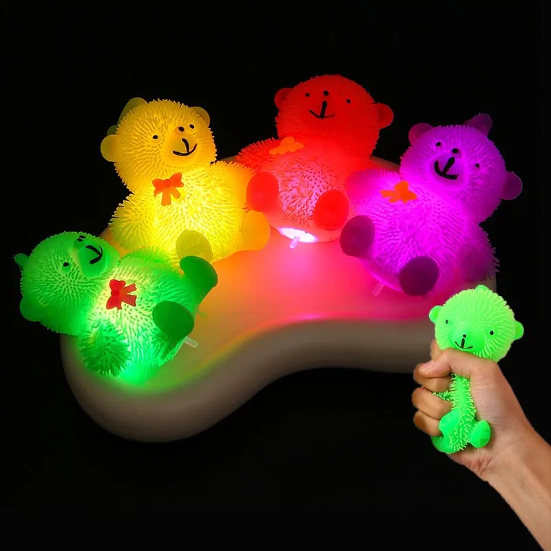 12-24PCS Cute Bowknot Bear LED Squishy Stress Ball Fluffy Puffer Toy Light Up Flashing Fidget Squeeze for Kids Adults Relax