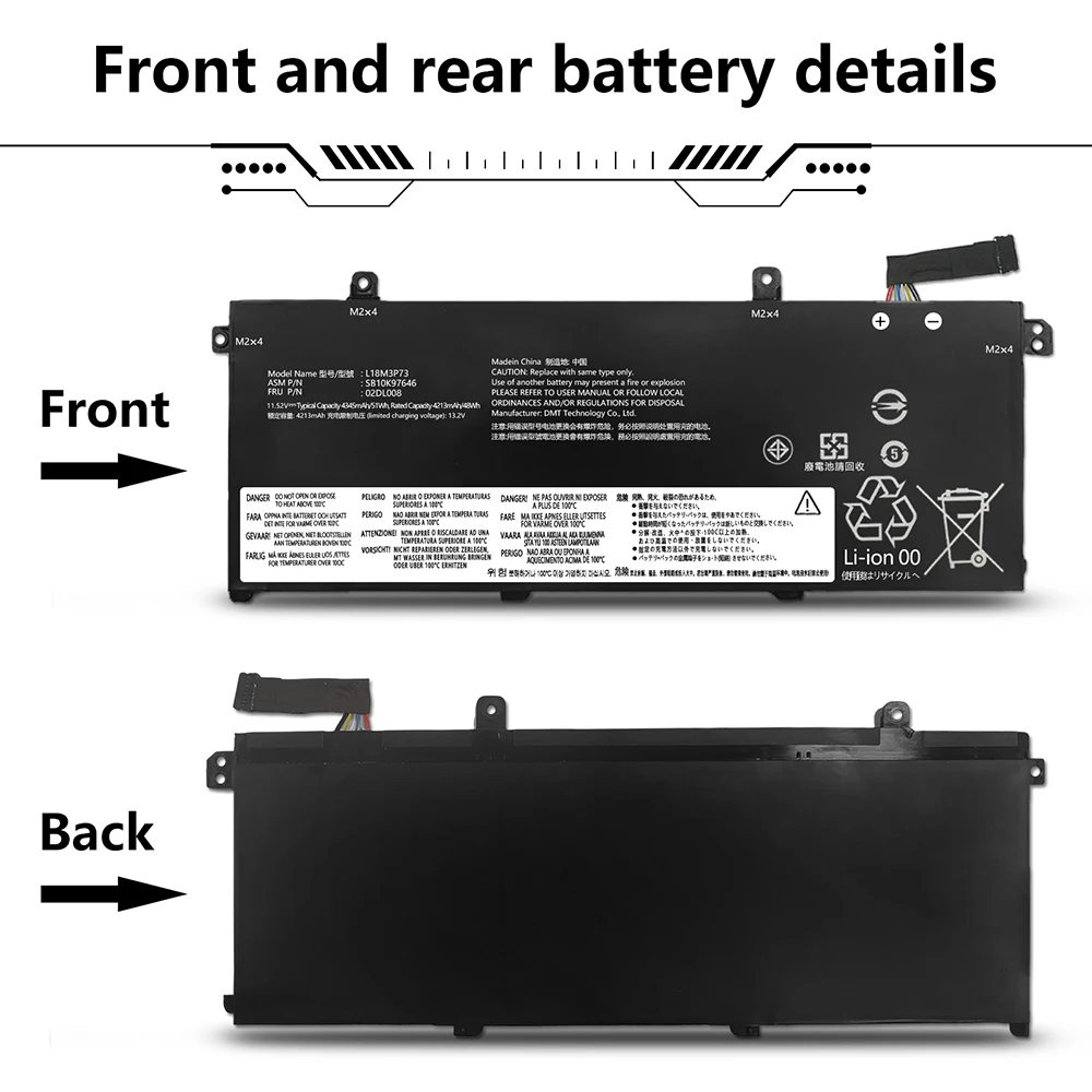 L18M3P73 L18L3P73 L18M3P74 batería del ordenador portátil para Lenovo ThinkPad T490 T495 P43S L18C3P72 SB10T83122 02DL007 11,52 V 51Wh