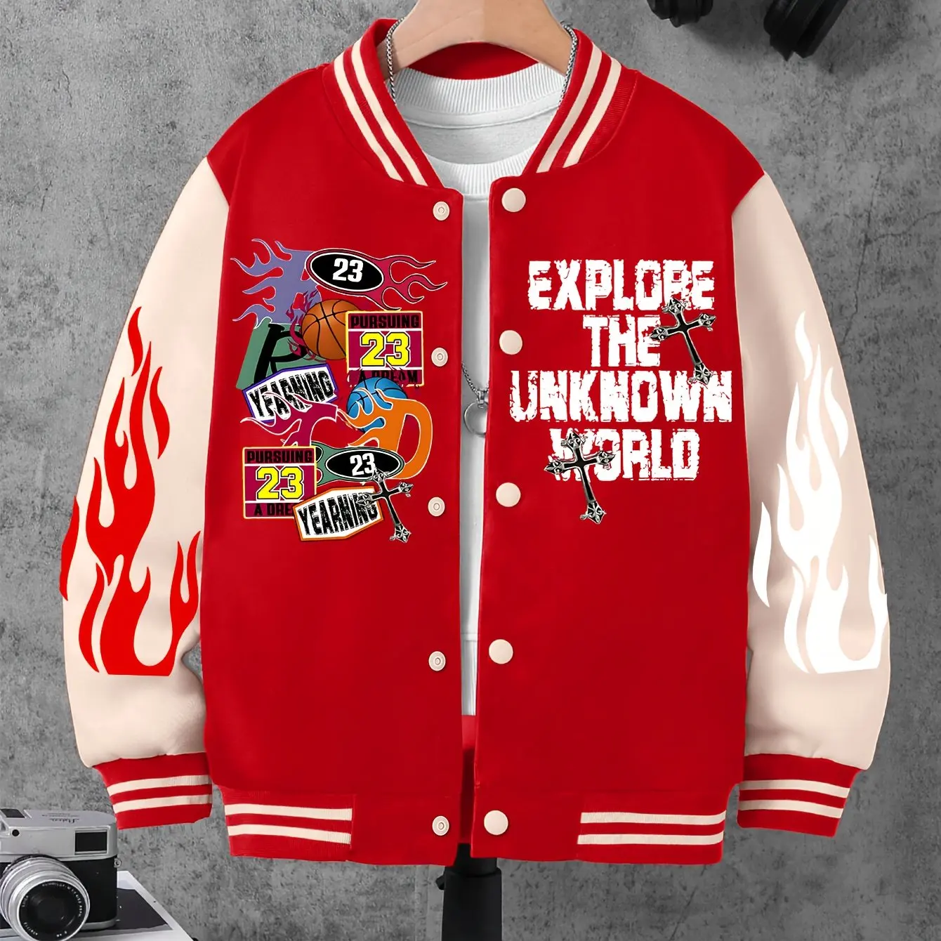 

Graffiti Flame Basketball Sports Print Baseball Collar Jacket Casual Fashion Comfortable Autumn and Winter Unisex