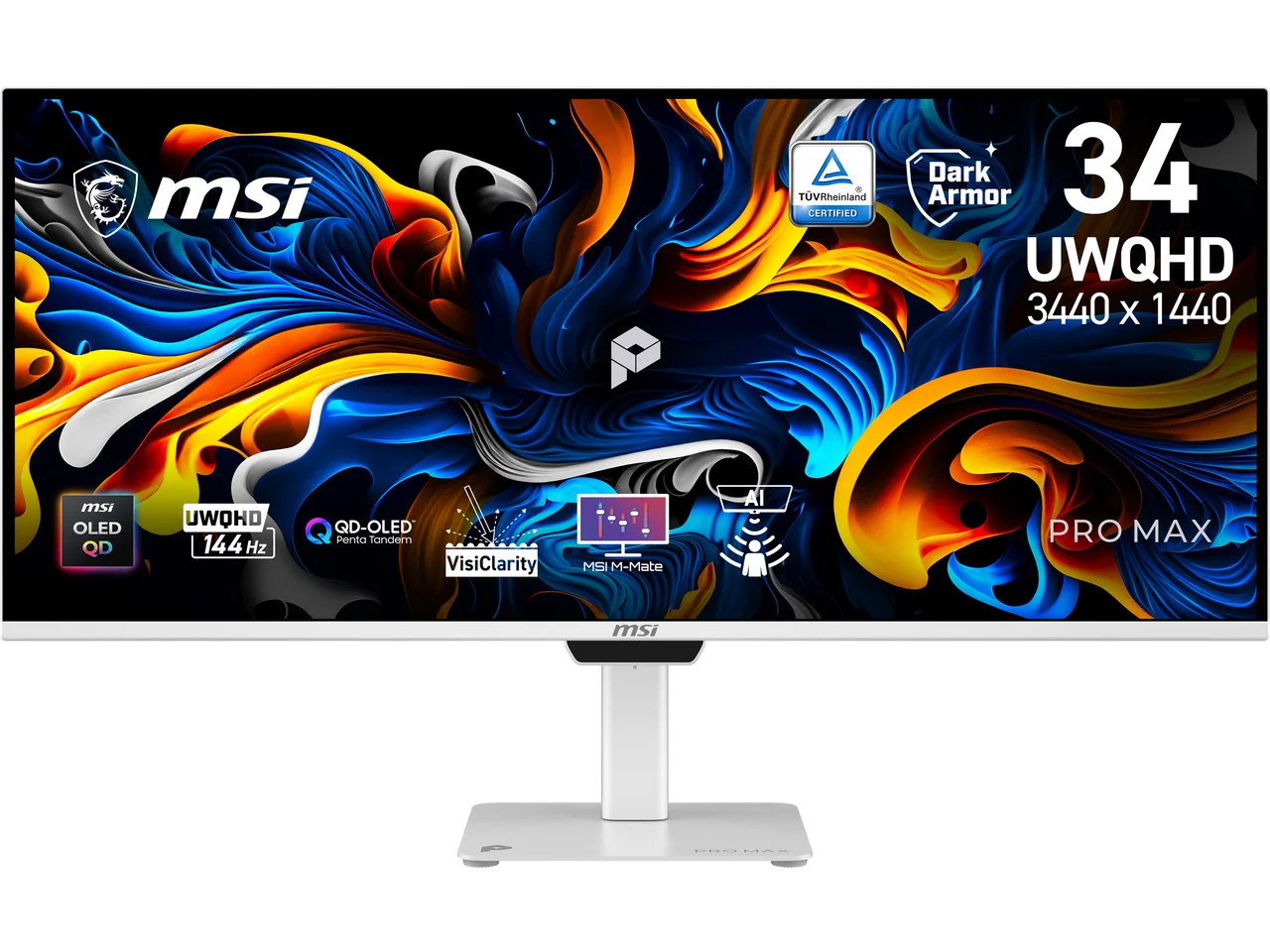 MSI PRO MAX 341QPXW14G 34" Ultrawide QHD 1440P 144Hz OLED Monitor, Adaptive Sync, Silver White, Height Adjustable Stand