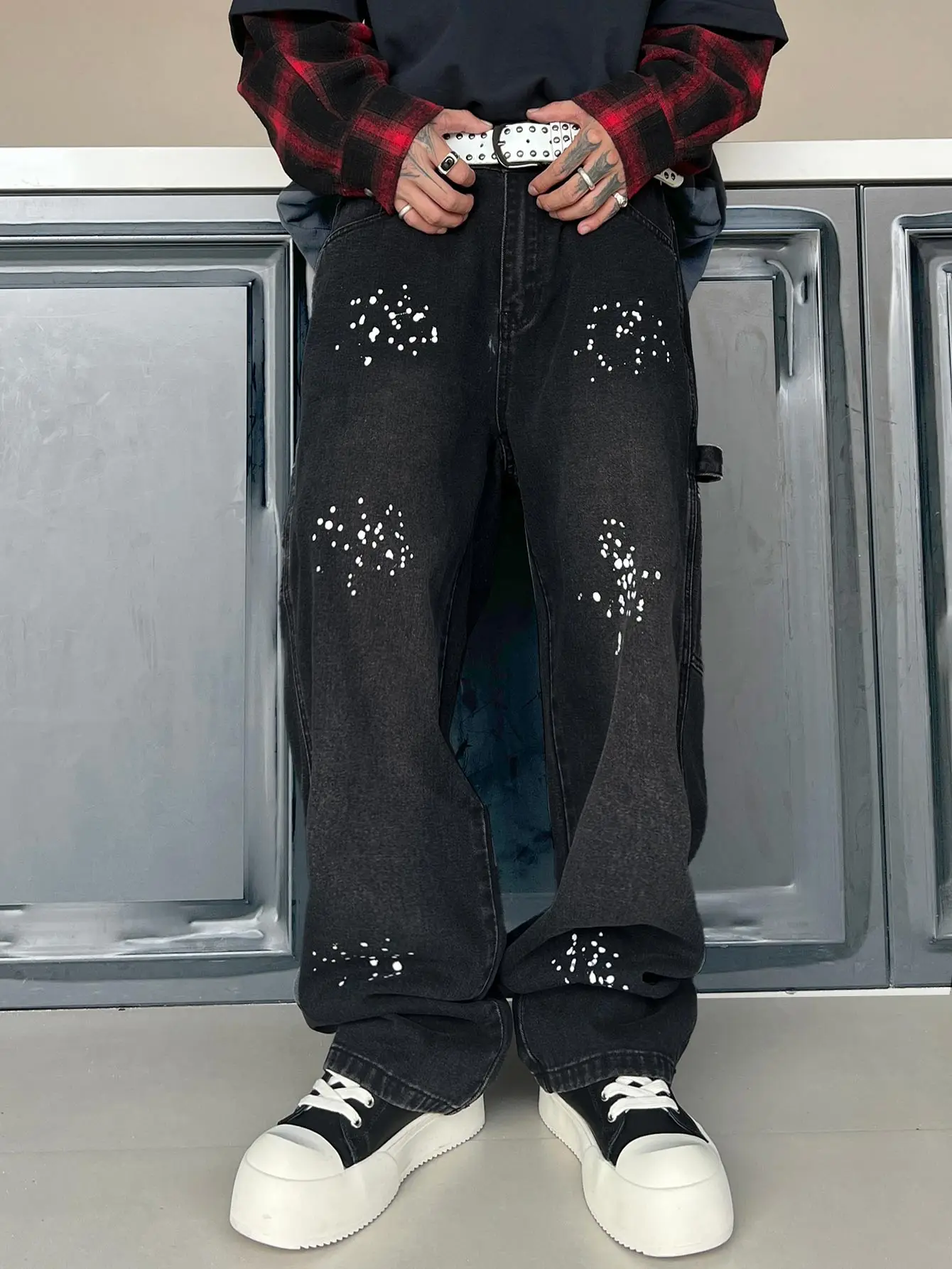 

Street Black Splashed Ink Workwear Style Jeans Men Painted Fashion Retro Punk Casual Gothic Straight Leg Pants Men's Clothing