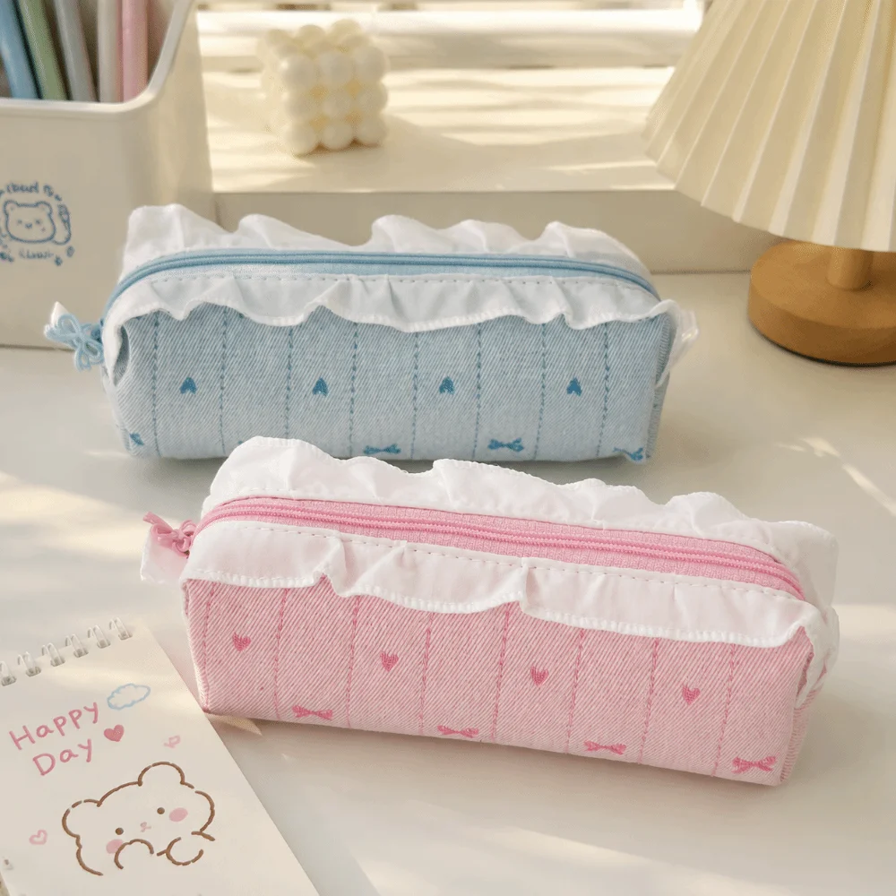 Multi Function Ballet Pencil Case Ruffle Lace Bow Embroidery Pencil Pouch Large Capacity Pen Bag School Office Supplies