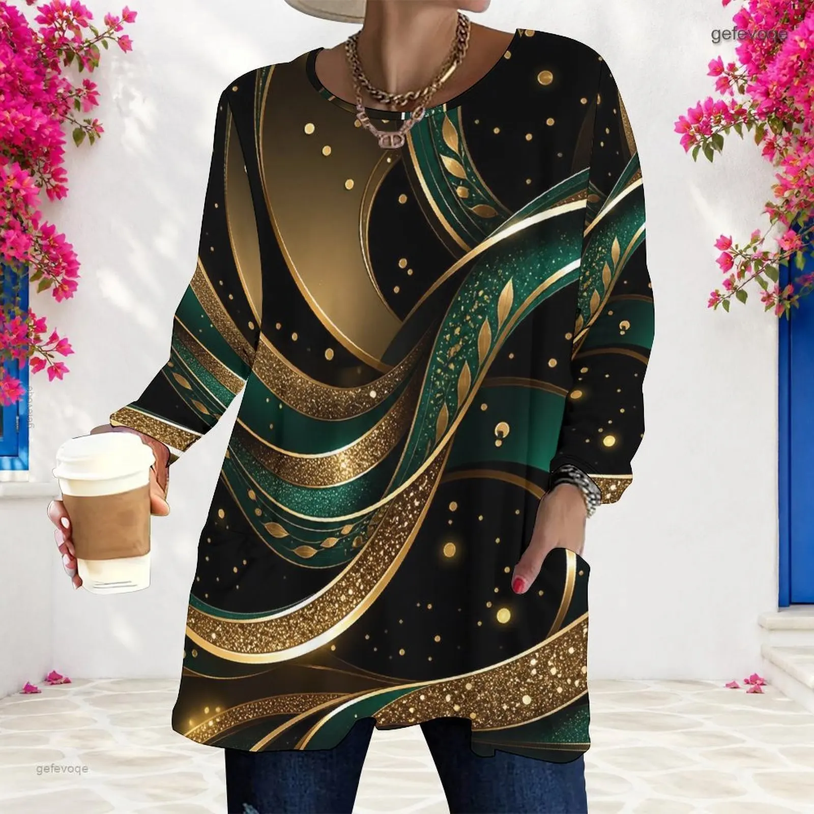 Women Printed Round Neck Long Sleeve Loose Longline Top With Pockets, Grey White Black Swirl Jewel Pattern