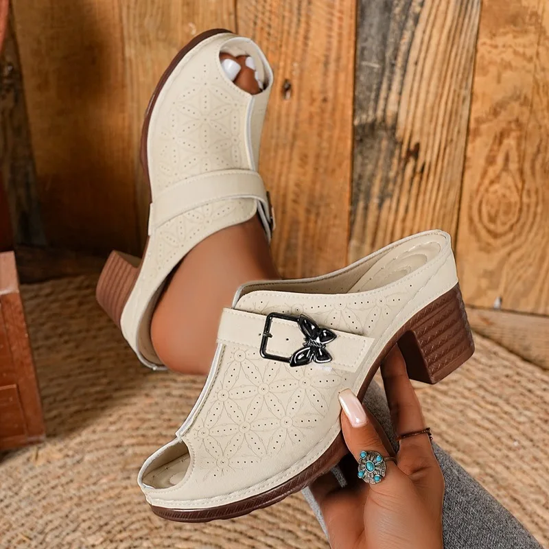 

Summer 2026 Women Slippers Casual Lightweight Slip on Metal Buckle Sandals Round Toe Thick Heel Comfortable Casual Female Shoes