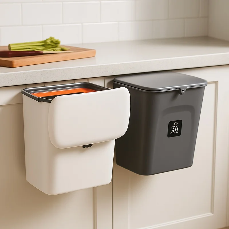 Wall-Mount 7/9L Kitchen & Bathroom Trash Can with Lid, Hanging Waste Container for Food and Household Refuse