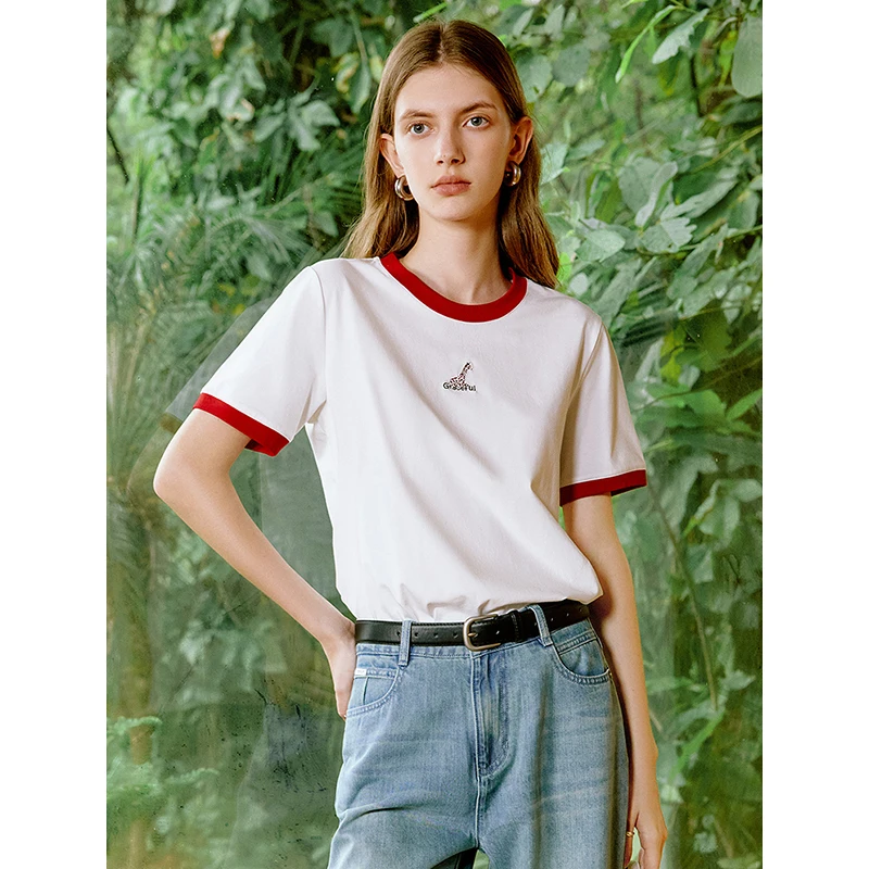 TOYOUTH Women T-shirt 2024 Summer New Sorona Contrasting Edge O Neck Short Sleeve Animal Embroidery Casual T-shirt 3 Colors